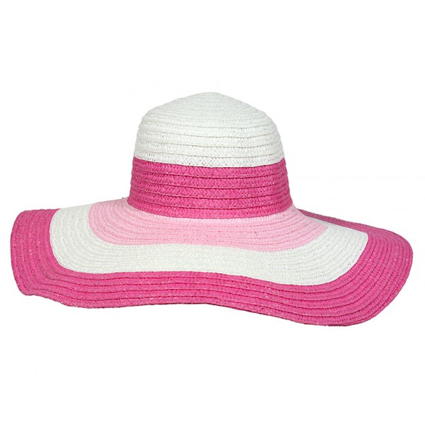 Wide Brim Straw Hat w/ Color Stripes - Fuchsia - HT-SHT2324FU